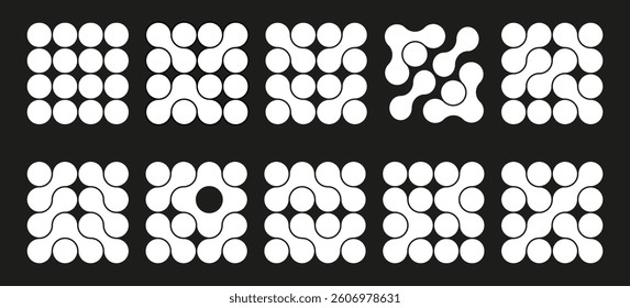 Set of Y2K abstract shapes on dark background. Simple geometric forms in retro style. Vector templates for tattoo, logo, icon, notes, posters, banners, stickers, business cards.