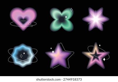 Set of Y2K Aesthetic Aura Gradient Shapes, Retro Futuristic Celestial Graphic Elements with Heart and Stars for Social Media and Design.eps