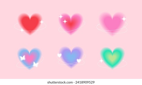 Set of y2k aesthetic  gradient hearts with white lines, sparkles. Aura stickers, 90s, 2000s elements in red, pink, blue, green colors. Vector