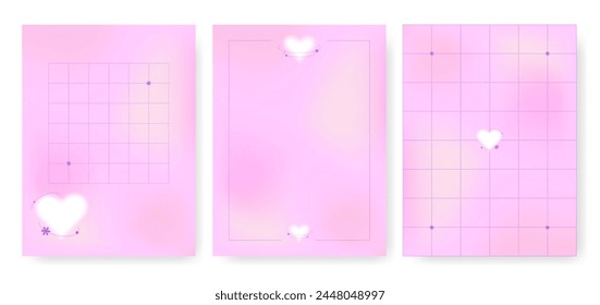 Set of y2k aesthetic posters with soft gradients. Flyer with abstract elements and frames.