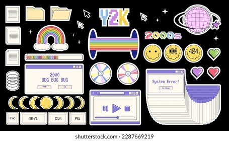 Set of Y2K aesthetic stickers and labels, vector illustrations with retro objects and symbols.