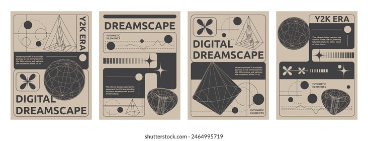 Set of y2k aesthetic techno banners. Vector illustration of retrowave style posters with black geometric wireframe shapes, globe, torus, lines on yellow background, retro futuristic vibe flyers