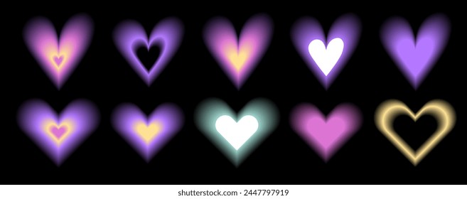 Set y2k aura. Blurred heart, butterfly and stars with aura in trendy style y2k