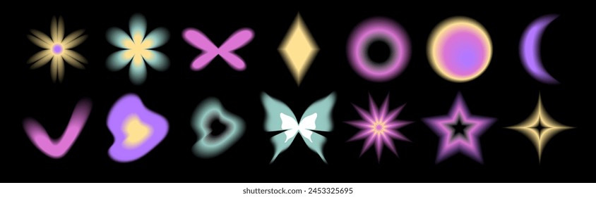 Set y2k aura. Blurred heart, butterfly and stars with aura in trendy style y2k