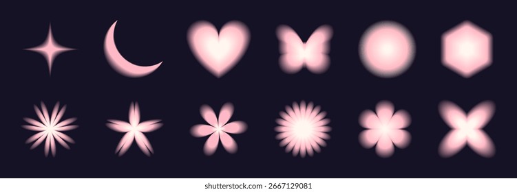 Satz von y2k-Aura-Farbverlauf-Formen. Stern, Mond, Herz, Schmetterling, Blumensymbole auf dunklem Hintergrund. Neonrosa glühen abstrakte Symbole mit unscharfem Effekt. 