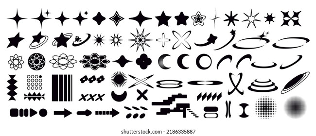 Set of Y2K bling retro elements and abstract brutalism shapes. Hipster graphic objects for logo, icon, web design. Modern vector illustration isolated on white background
