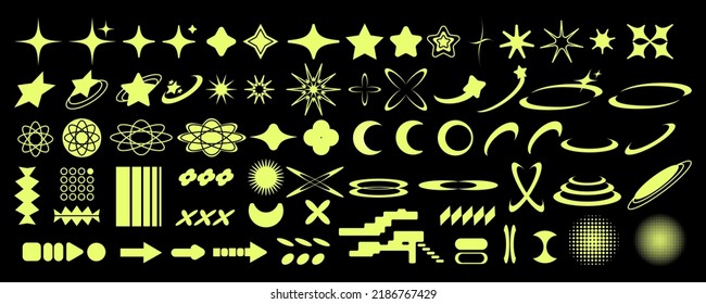 Set Of Y2K Bling Retro Elements And Acid Brutalism Shapes. Hipster Graphic Objects For Logo, Icon, Web Design. Modern Vector Illustration Isolated On Black Background