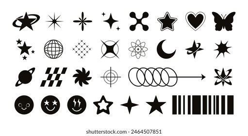 Set of Y2K bling retro elements and abstract brutalism shapes. Hipster graphic objects for logo, icon, web design. Modern vector illustration isolated on white background