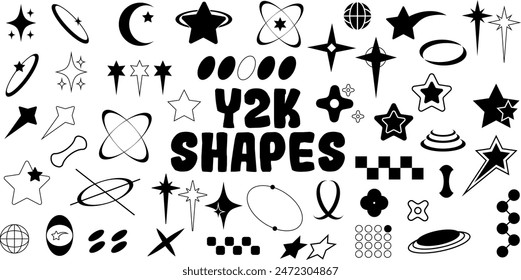 A set of Y2K bling retro elements and abstract brutalism shapes, featuring vibrant and eclectic hipster graphic objects suitable for logo, icon, and web design. Modern vector illustration