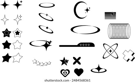 Set of Y2K bling retro elements and abstract brutalism shapes,vector set isolated on white background