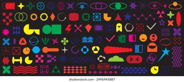 Set von Y2K Bling Retro-Elemente und abstrakten Brutalismus Formen. Hipster grafische Objekte für Logo, Icon, Webdesign. Moderne Vektorgrafik einzeln auf weißem Hintergrund. EPS 10