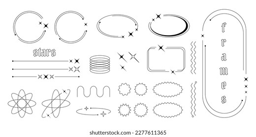 Set of Y2K border line frames with stars, labels, stickers, abstract wavy and circle elements.