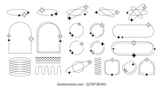 Set of Y2K border line frames with stars, labels, stickers, abstract wavy and circle elements.