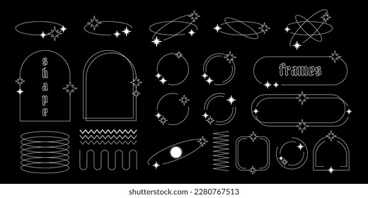Set of Y2K border line frames with stars, labels, stickers, abstract wavy and circle elements.
