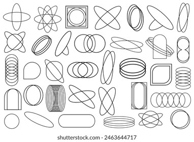 Set of Y2K border line frames with stars, labels, stickers, abstract wavy and circle elements. Aesthetic frames and shapes with stars. Minimal y2k outline graphic design with sparkles. EPS file 490.