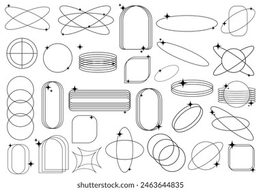 Set of Y2K border line frames with stars, labels, stickers, abstract wavy and circle elements. Aesthetic frames and shapes with stars. Minimal y2k outline graphic design with sparkles. EPS file 489.