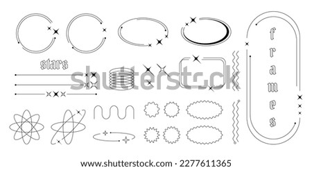 Set of Y2K border line frames with stars, labels, stickers, abstract wavy and circle elements.