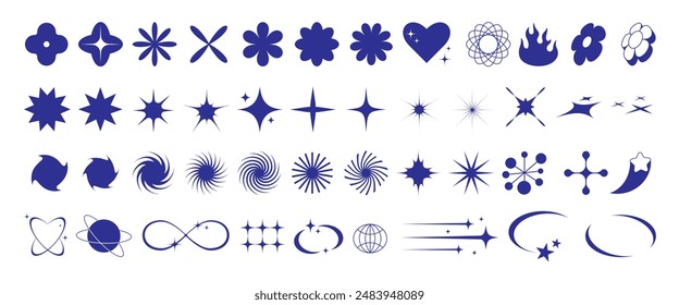 Set of y2k brutalism geometric shapes in blue color. Retro futuristic abstract cliparts for poster, collage design. Stars, hearts, flowers in trendy tech style. Vector graphic