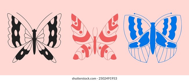 Set of Y2K Butterflies, tattoo silhouettes. Hand drawn stickers collection.