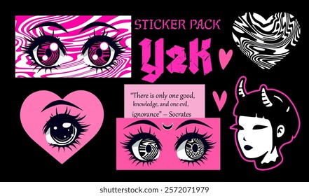 Set of Y2K cartoon stickers with funny comic anime characters and hearts. Contemporary illustrations and doodles.