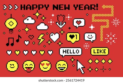 Set of y2k Chinese New Year pixel icons. Mood of 90s aesthetics. 8 bit retro style vector illustration. Red background. Simple geometric collage sticker. Smile, snake, flower. Game abstract elements