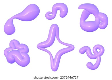 Set y2k chrome 3D objects. Trendy liquid metal elements. Purple glossy abstract shape. 3D render vector illustration.