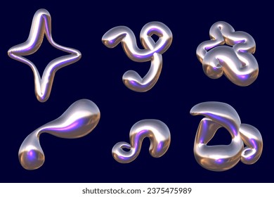 Set y2k chrome 3D objects. Trendy liquid metal elements. Purple glossy abstract shape. 3D render vector illustration.