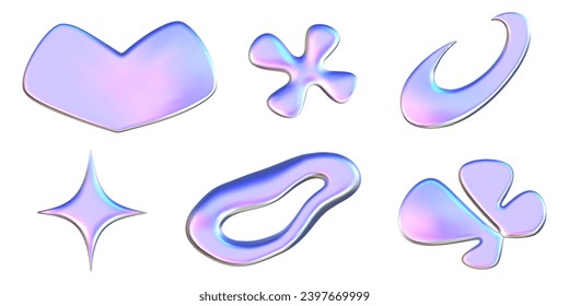 Set y2k chrome 3D objects. Trendy metal elements. Silver glossy abstract shape. 3D render vector illustration.