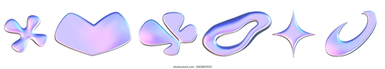 Set y2k chrome 3D objects. Trendy metal elements. Silver glossy abstract shape. 3D render vector illustration.