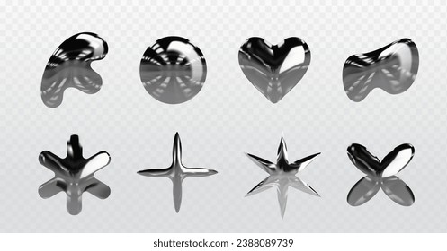 Set of y2k chrome elements isolated on transparent background. Vector realistic illustration of liquid metal star, flower, cross, heart, round icons, abstract shape glossy bubbles with shiny surface