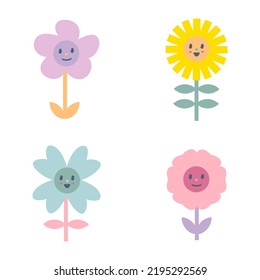 Set of y2k cute groovy smile flower stickers. Floral collection for T-shirt, logo and print. Isolated vector illustration for decor and design.




