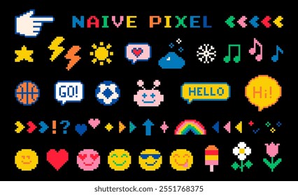 Set of y2k cute pixel icons. Funny naive. Game abstract color elements. Sun, music note, robot, smile. Mood of 90's aesthetics. 8 bit retro style vector illustration for poster, collage, design