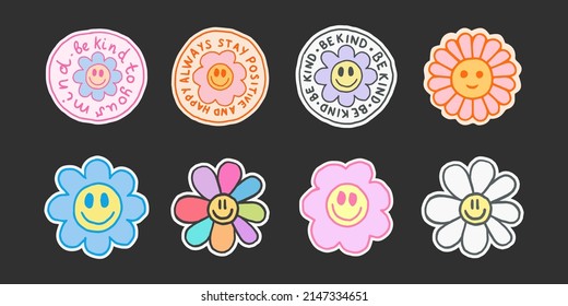 Set Of Y2K Cute Smile Flower Stickers. Pop Art Happy Positive Vector Patches. Funny Emoticon Groovy Blossom.