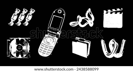 Set of Y2K cutouts of old vintage items such as cellphones, office supplies and more in photocopy silhouette style for graphic design, tattoo design and many more.