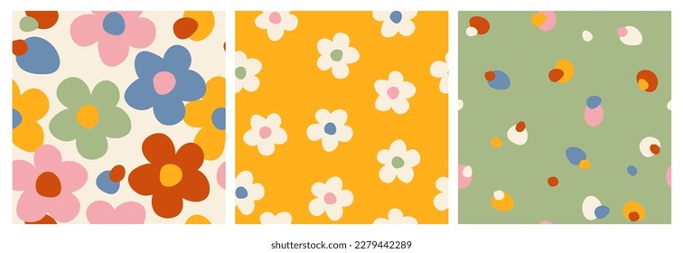 Set of Y2K daisy flowers seamless pattern in groovy retro funky style. Simple shaped flowers vector background. Cozy vintage fabric print, textile, home deco.