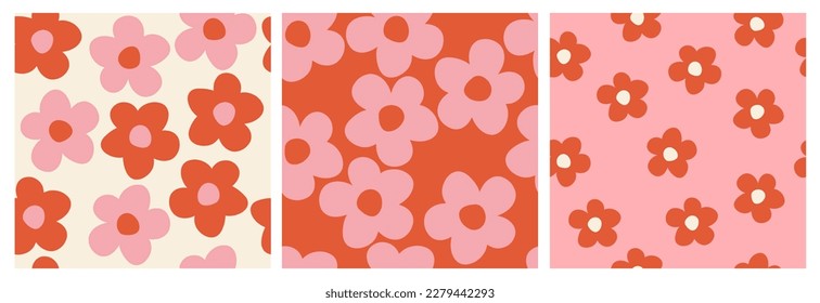 Set of Y2K daisy flowers seamless pattern in groovy retro funky style. Simple shaped flowers vector background. Cozy vintage fabric print, textile, home deco.