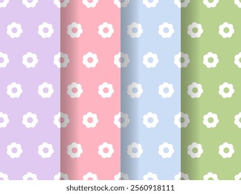 Set of Y2K daisy flowers seamless pattern in retro funky style. Simple shaped flowers vector background. Pastel vintage fabric print, textile, home deco, wrapping, baby pattern. Pattern with mooncakes