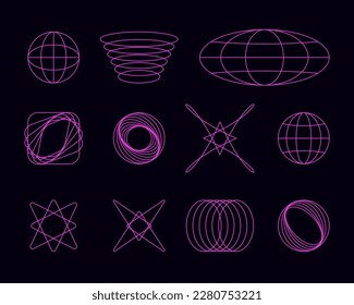 A set of Y2K design elements. Abstract geometric shapes with blends, circles and globes. Editable stroke