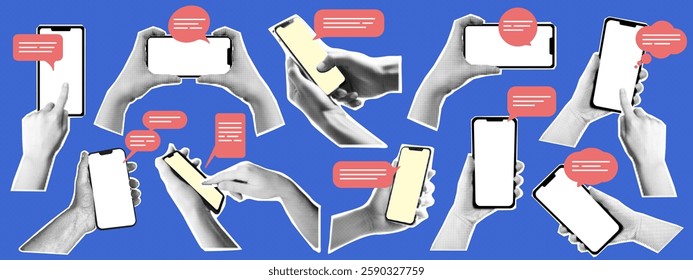 Set of y2k dotted halftone hand sticker holding mobile phone or smartphone, newspaper cutout collage element in retro pop art style and torn paper of finger touch or click on text message box. Symbol. - Powered by Shutterstock - Get 15% off with code: PIKWIZARD15