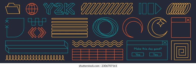 Set with Y2K elements. Aesthetic abstract vector shapes. Simple forms, symbols and frames y2k style.