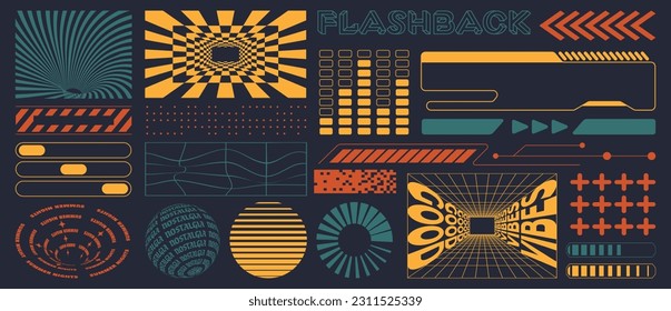 Ajuste con elementos Y2K. Formas vectoriales estéticas abstractas. Formas simples, símbolos y marcos estilo y2k.