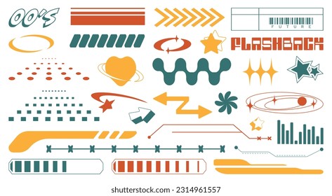 Ajuste con elementos Y2K. Formas vectoriales estéticas abstractas. Formas simples, símbolos y marcos estilo y2k.
