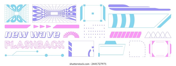 Set with Y2K elements. Aesthetic abstract vector shapes. Simple forms, symbols and frames y2k style.