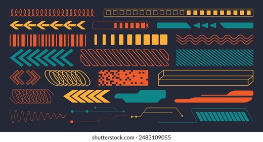 Set with Y2K elements. Aesthetic abstract vector shapes. Lines, pointers, arrows, stripes in retro colors