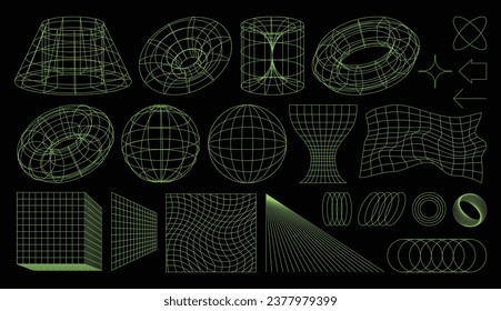 Set of Y2K elements, wireframes, 3d geometric shapes, grids, and linear forms inspired by brutalism, cyberpunk and retro futuristic styles. Vector geometric graphic aesthetic: torus, cube, sphere etc.