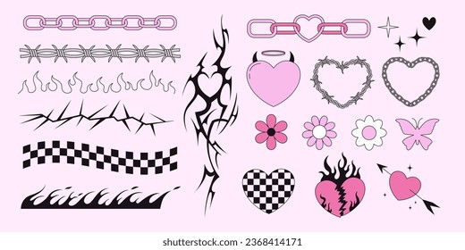 Set of y2k emo goth vector cliparts. Heart, barbed wire, checkered border, spikes, thorns, tribal tattoo, chain, butterly, flowers. 2000s elements for design and print