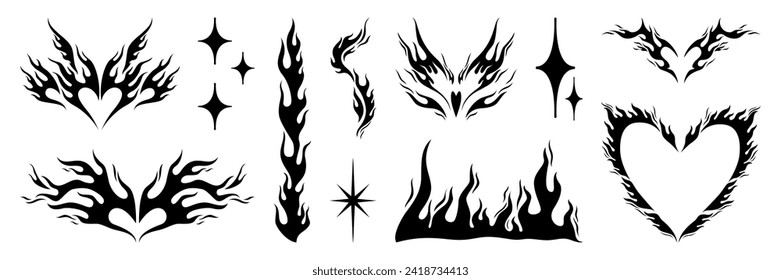 Set of y2k flame elements, star, fire and heart shape. Tattoo art hand drawn stickers. Aesthetic of 90s, 2000s. Vector isolated illustration.