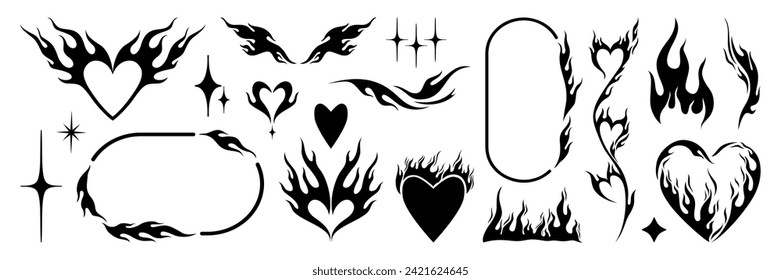 Set of y2k flame elements, star, fire and heart shape. Tattoo art hand drawn stickers. Aesthetic of 90s, 2000s. Vector isolated illustration.