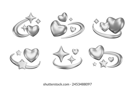 Set of y2k futuristic elements. 3d hearts and stars on galaxy orbit. Abstract geometric shapes, techno symbols, dynamic vector illustrations, isolated chrome sparkle and love art.
