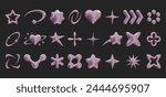 Set of Y2k geometric 3D render holographic shapes trendy retro futuristic design elements, infographic shapes. Modern concept with symbols and objects, star, heart Vector illustration for UI and UX.